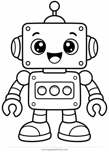 Robot coloring page of a cute box robot with antenna and buttons, easy black-and-white printable for ages 3-5