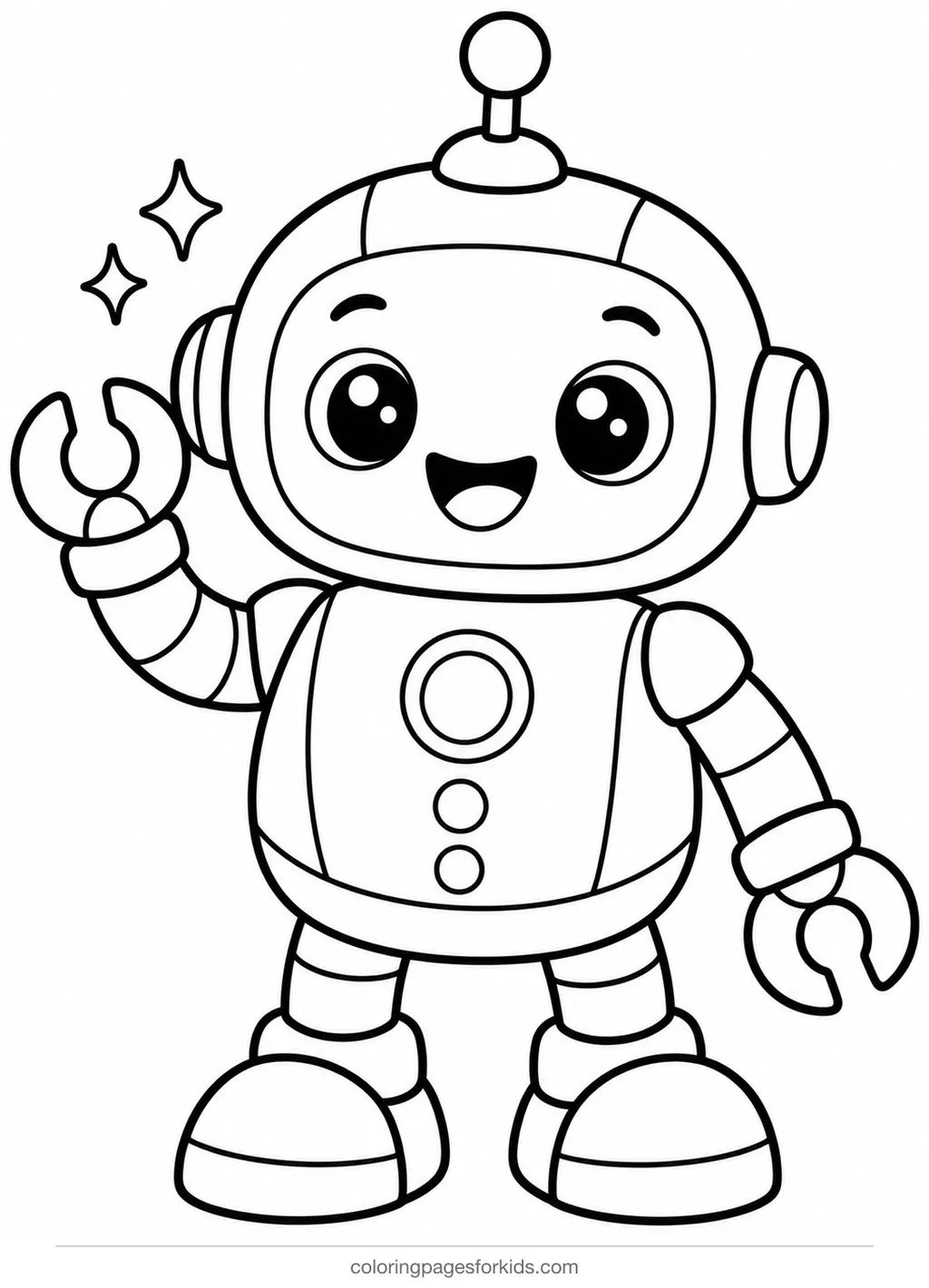 Robot coloring page of a round robot waving hello, easy black-and-white printable for ages 3-5