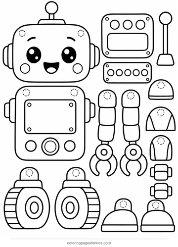 Robot coloring page of blank robot parts to design, easy black-and-white printable for ages 3-5