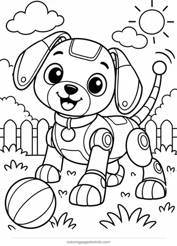 Robot coloring page of a puppy robot with ball, medium black-and-white printable for ages 5-7
