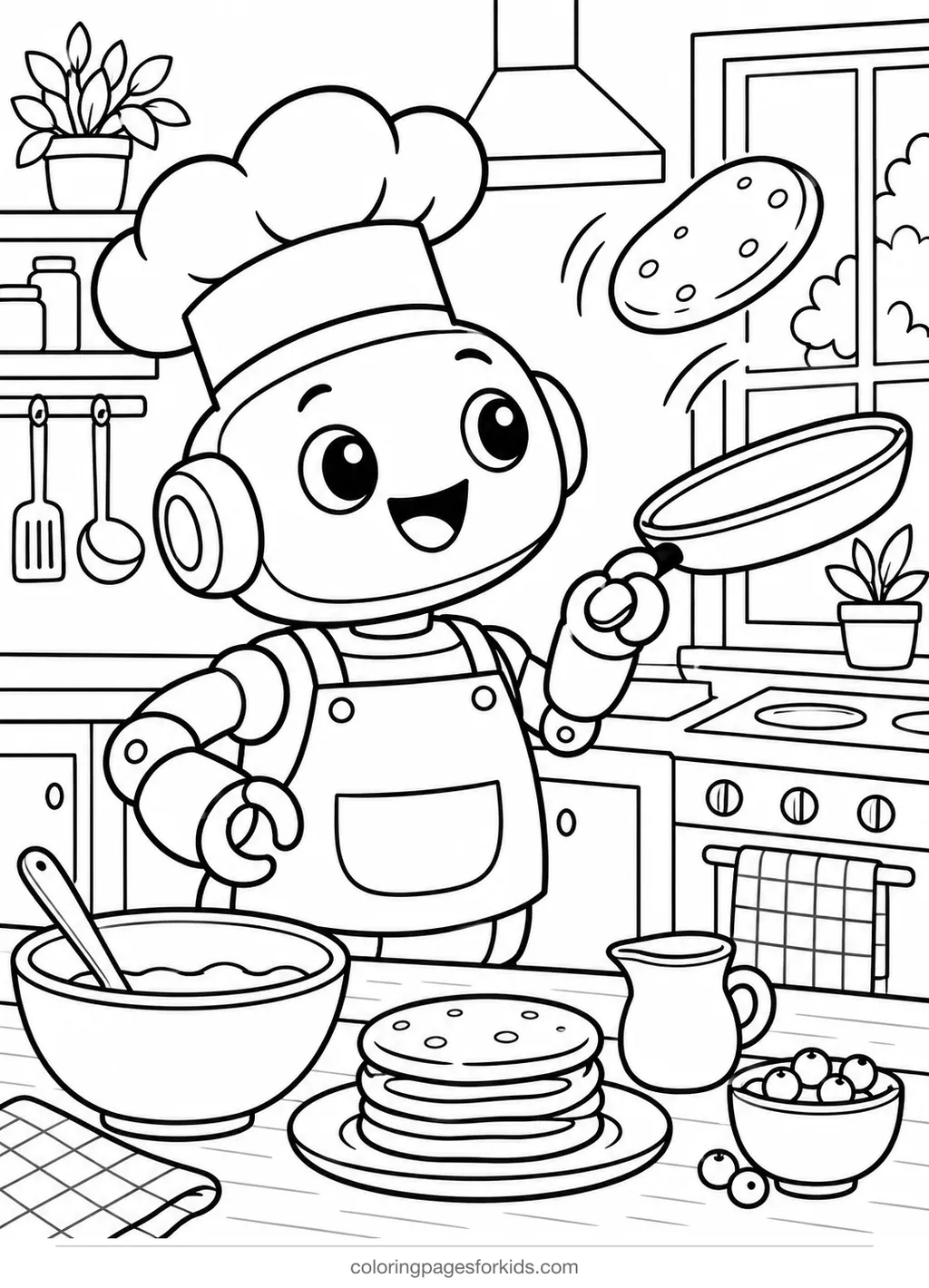 Robot coloring page of a chef robot flipping pancakes, medium black-and-white printable for ages 5-7