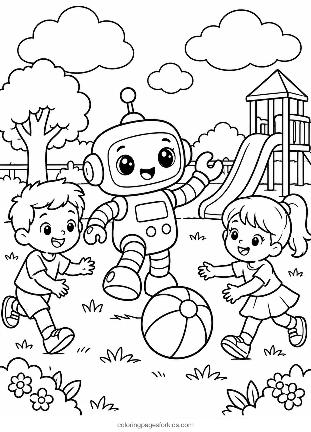 Robot coloring page of a friendly robot playing ball with cartoon kids, medium printable for ages 5-7