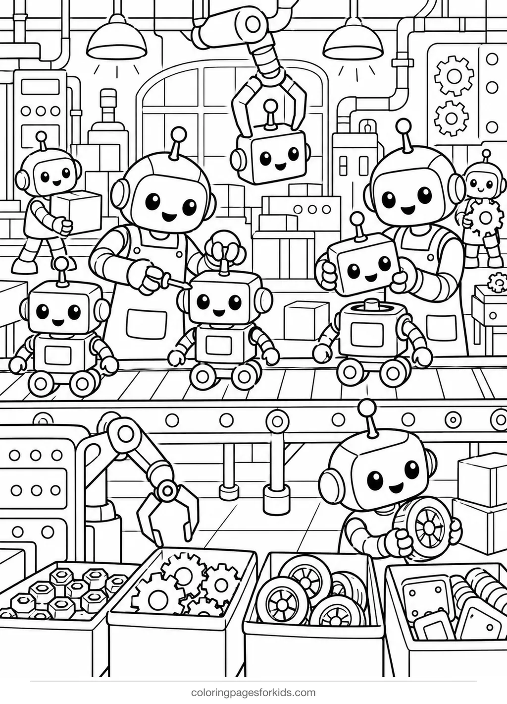 Robot coloring page of a busy robot factory, detailed black-and-white printable for ages 7-10