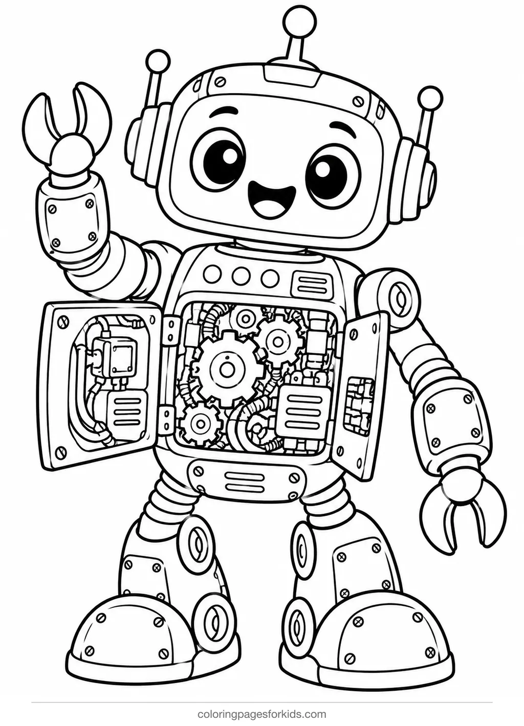 Robot coloring page of a cutaway robot with gears and wires, detailed printable for ages 7-10