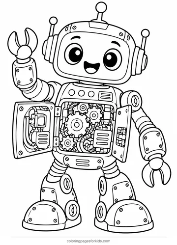 Robot coloring page of a cutaway robot with gears and wires, detailed printable for ages 7-10
