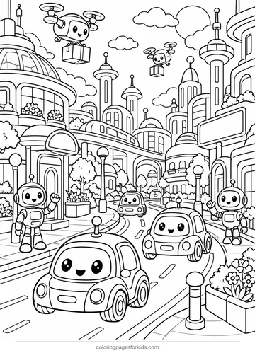 Robot coloring page of a futuristic robot city with cars, detailed printable for ages 7-10
