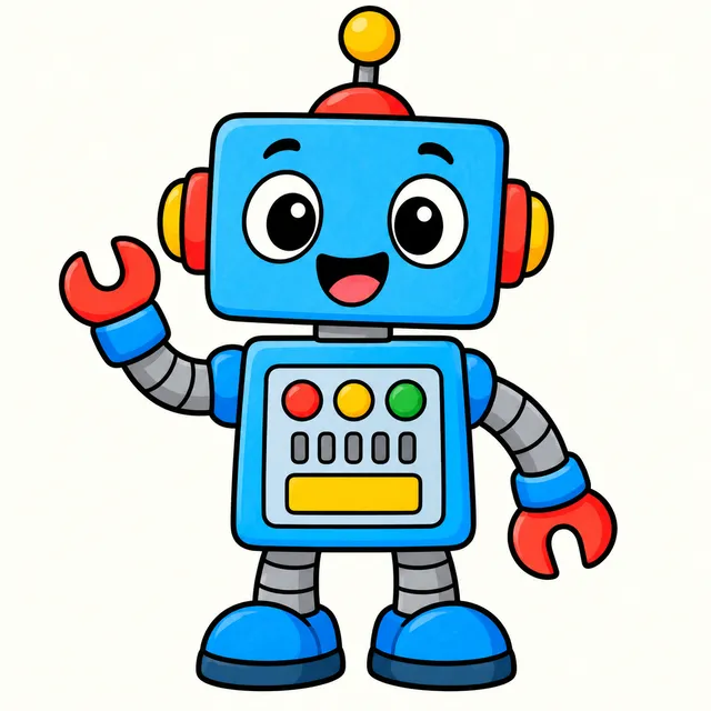Colored example of a cute box robot with buttons and an antenna for kids