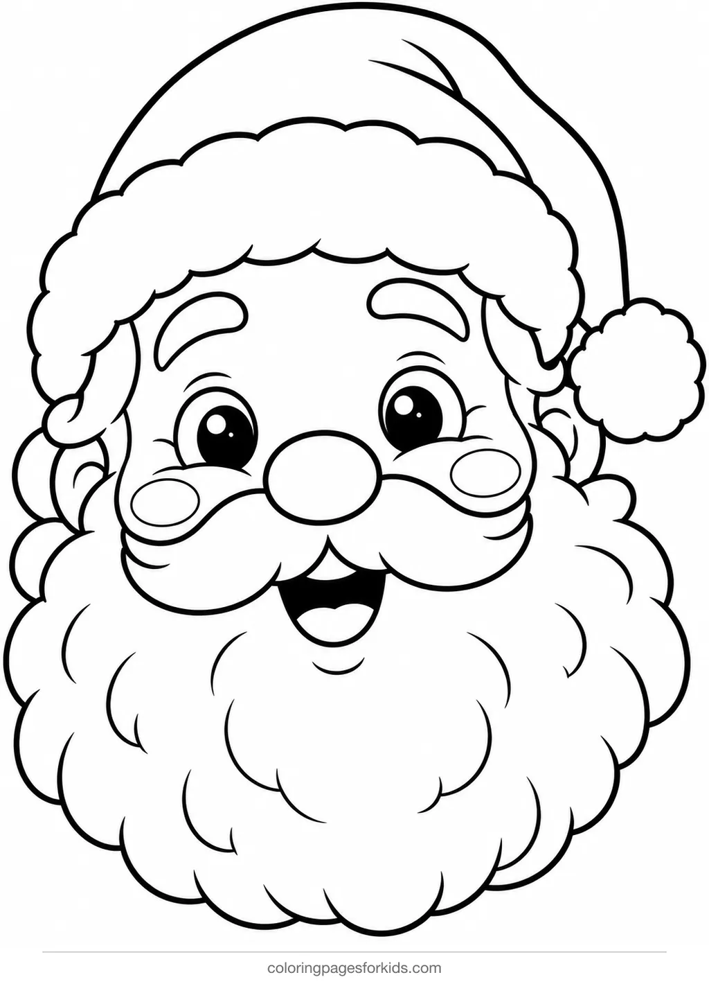 Santa coloring page of a jolly face with hat and beard, easy black-and-white printable for ages 3-5