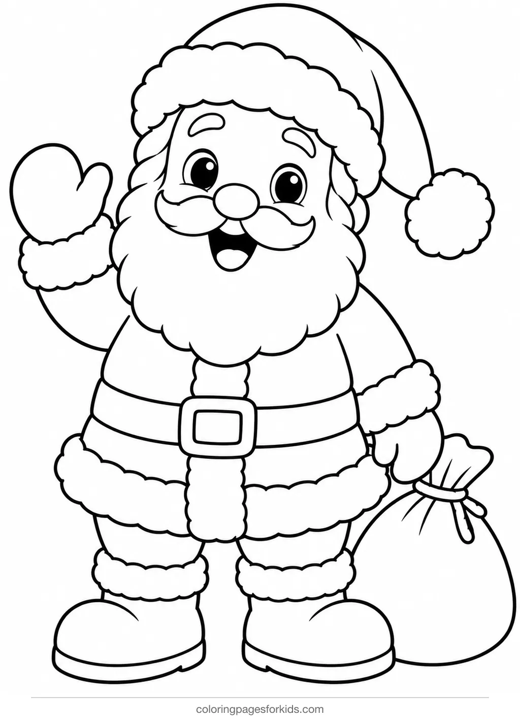 Santa coloring page of Santa waving with a sack, easy black-and-white printable for ages 3-5