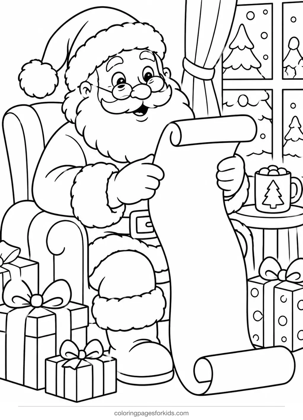 Santa coloring page of Santa reading a scroll, medium black-and-white printable for ages 5-7
