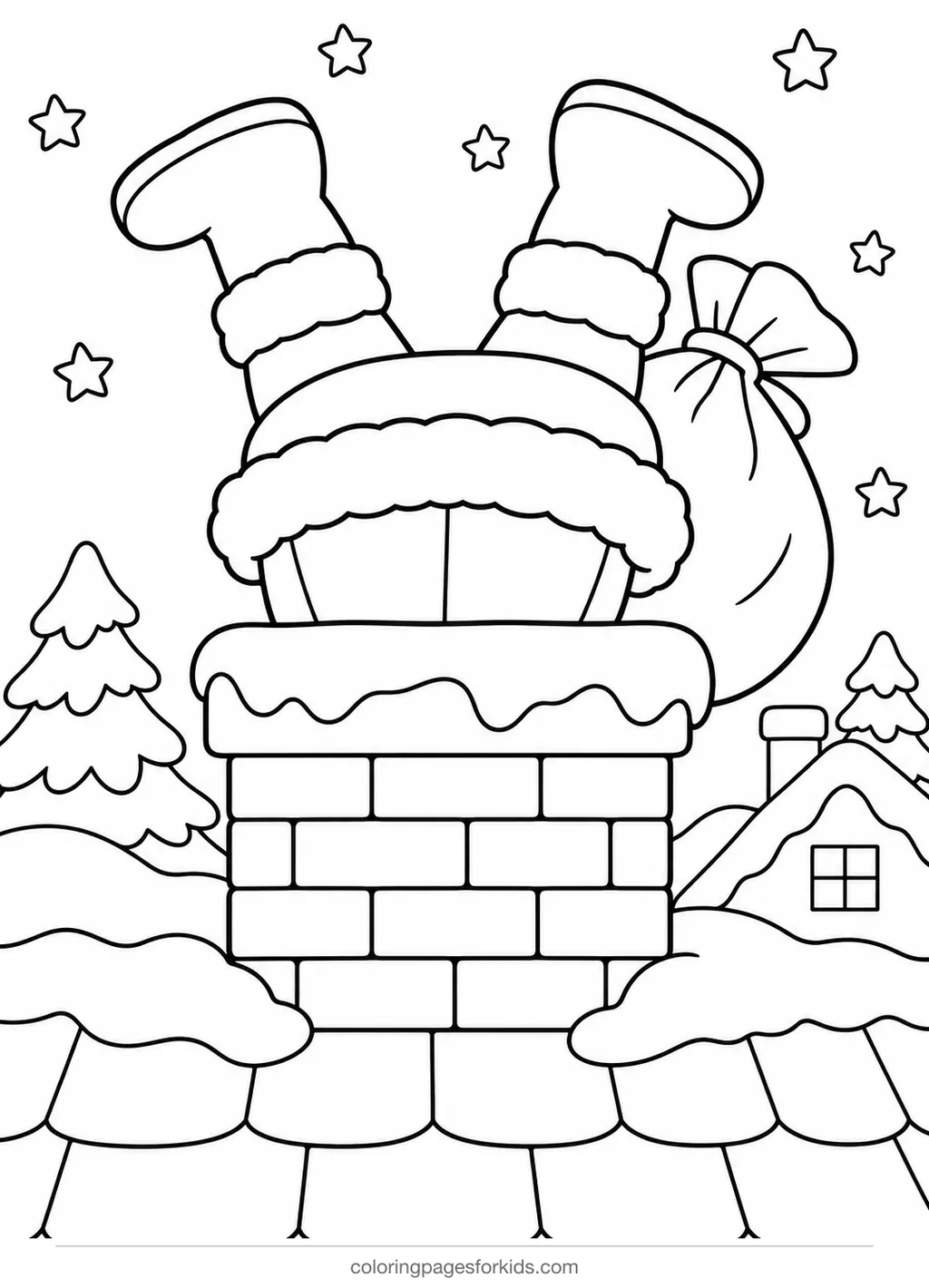 Santa coloring page of Santa going down a chimney, medium black-and-white printable for ages 5-7