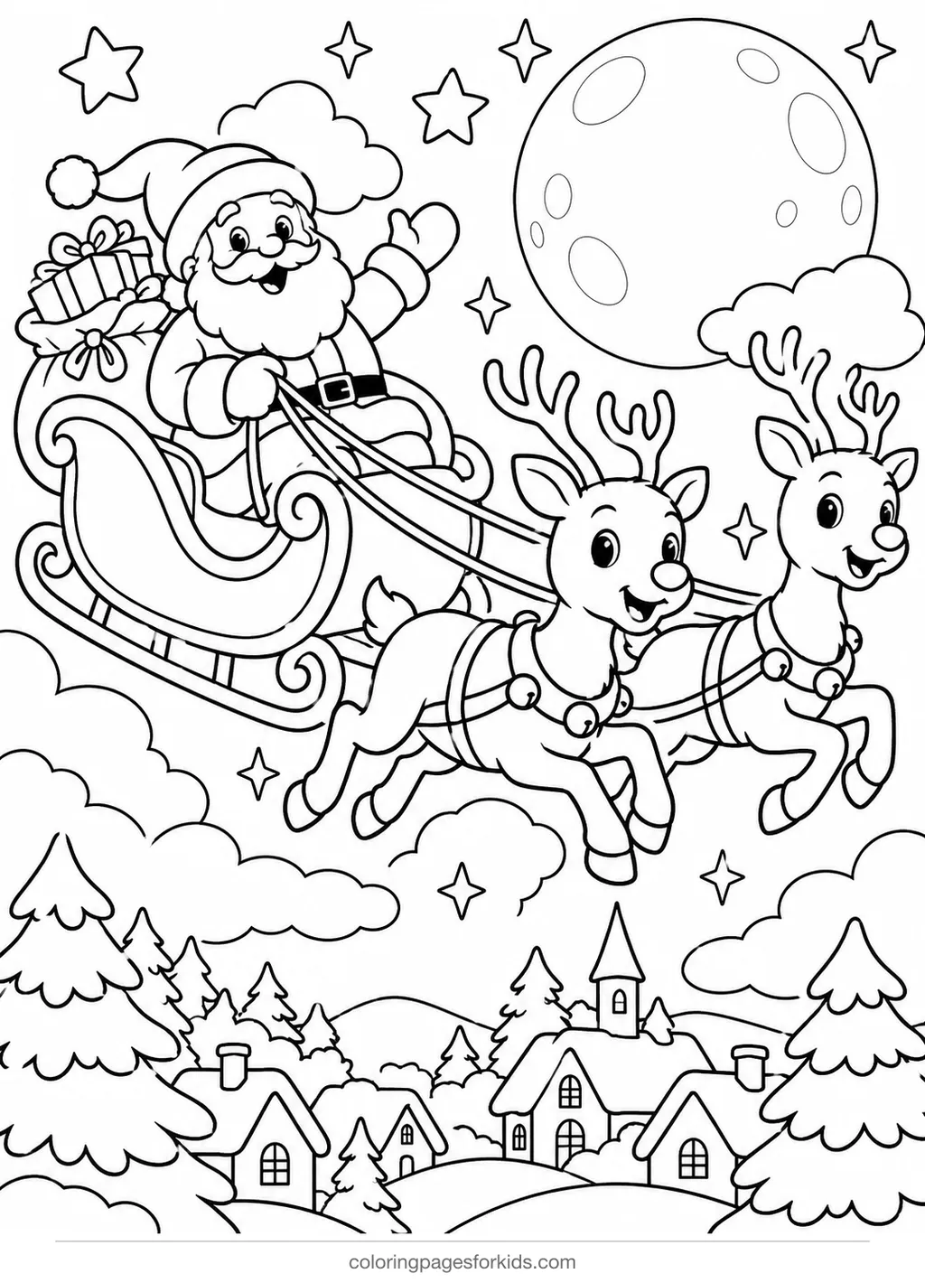 Santa coloring page of Santa and reindeer taking off, medium black-and-white printable for ages 5-7