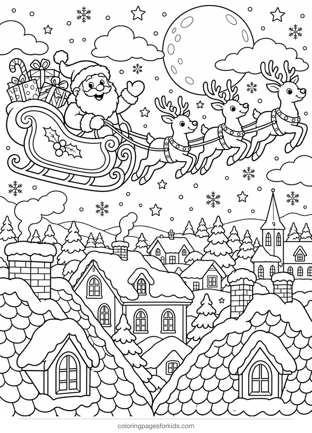 Santa coloring page of a sleigh over rooftops, detailed black-and-white printable for ages 7-10
