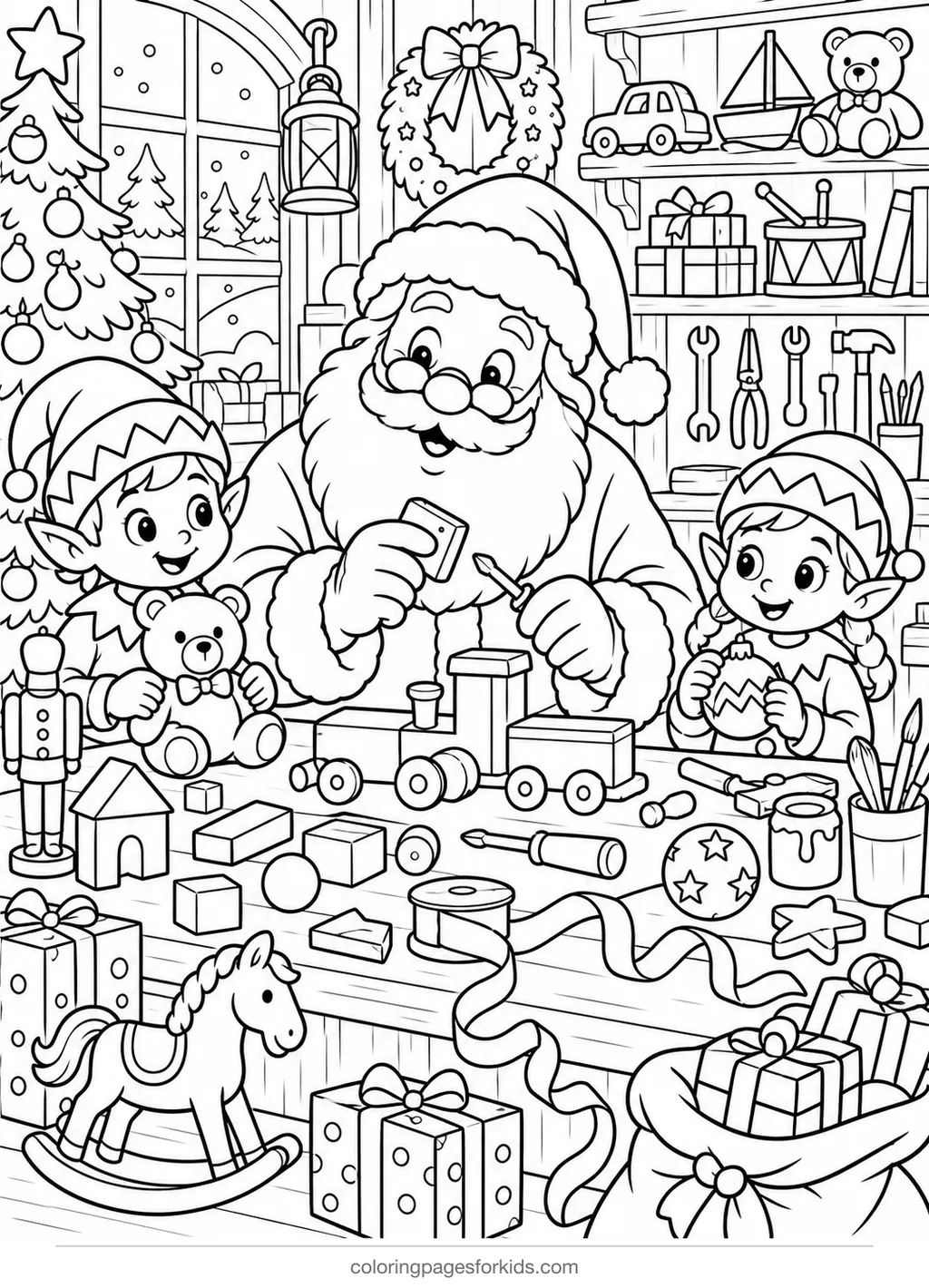Santa coloring page of Santa in a toy workshop, detailed black-and-white printable for ages 7-10