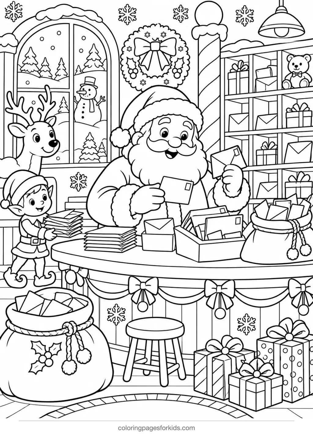 Santa coloring page of Santa sorting letters at a post office, detailed printable for ages 7-10