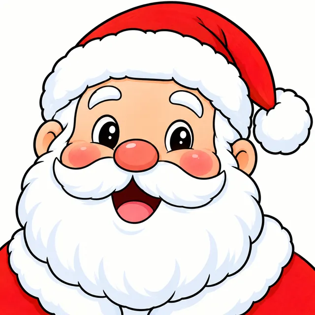 Colored example of a jolly Santa face with hat and beard for kids