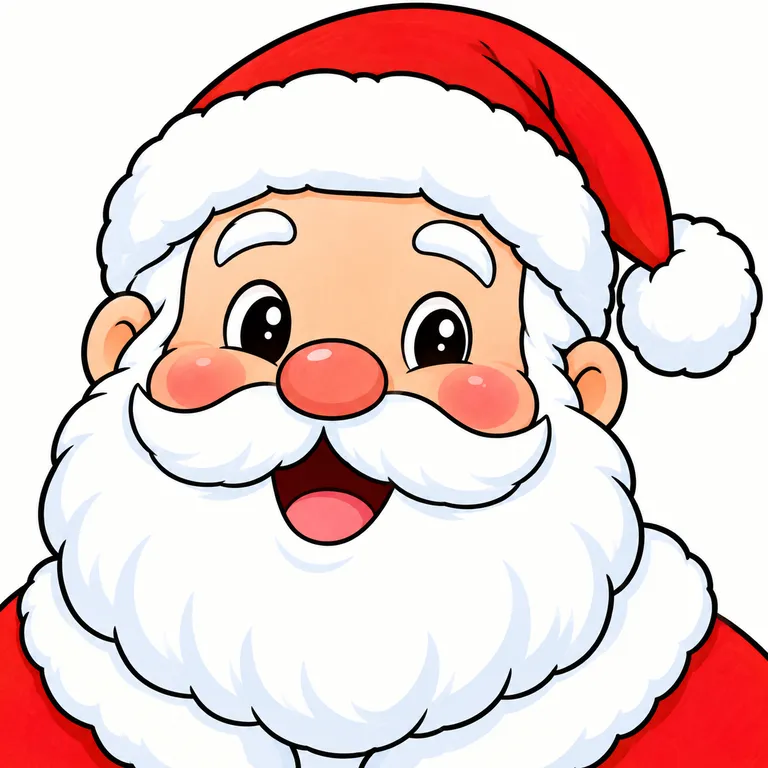 Colored example of a jolly Santa face with hat and beard for kids