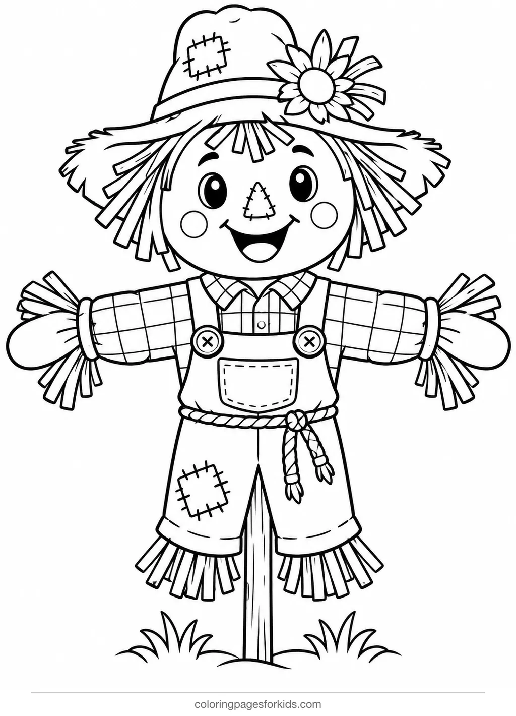 Scarecrow coloring page of a smiling scarecrow on a pole, easy black-and-white printable for ages 3-5