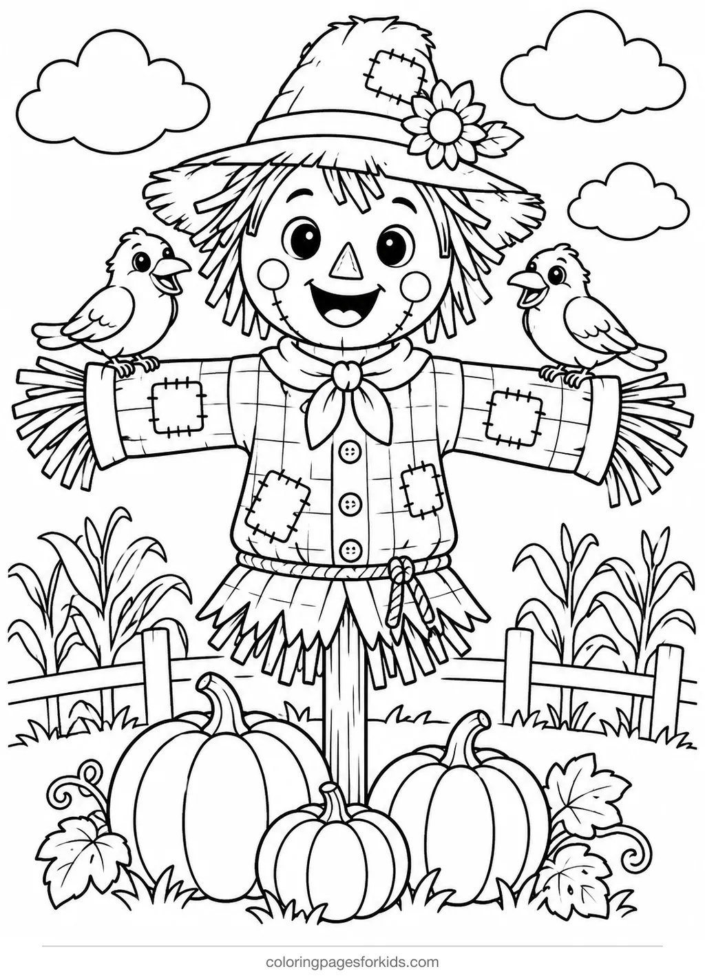Scarecrow coloring page of a scarecrow with friendly crows, medium printable for ages 5-7
