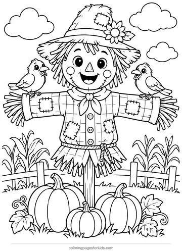 Scarecrow coloring page of a scarecrow with friendly crows, medium printable for ages 5-7