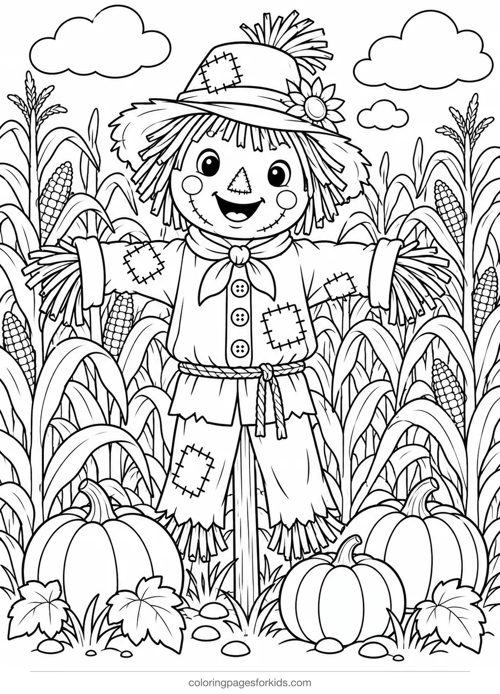 Scarecrow coloring page of a cornfield with pumpkins, medium printable for ages 5-7