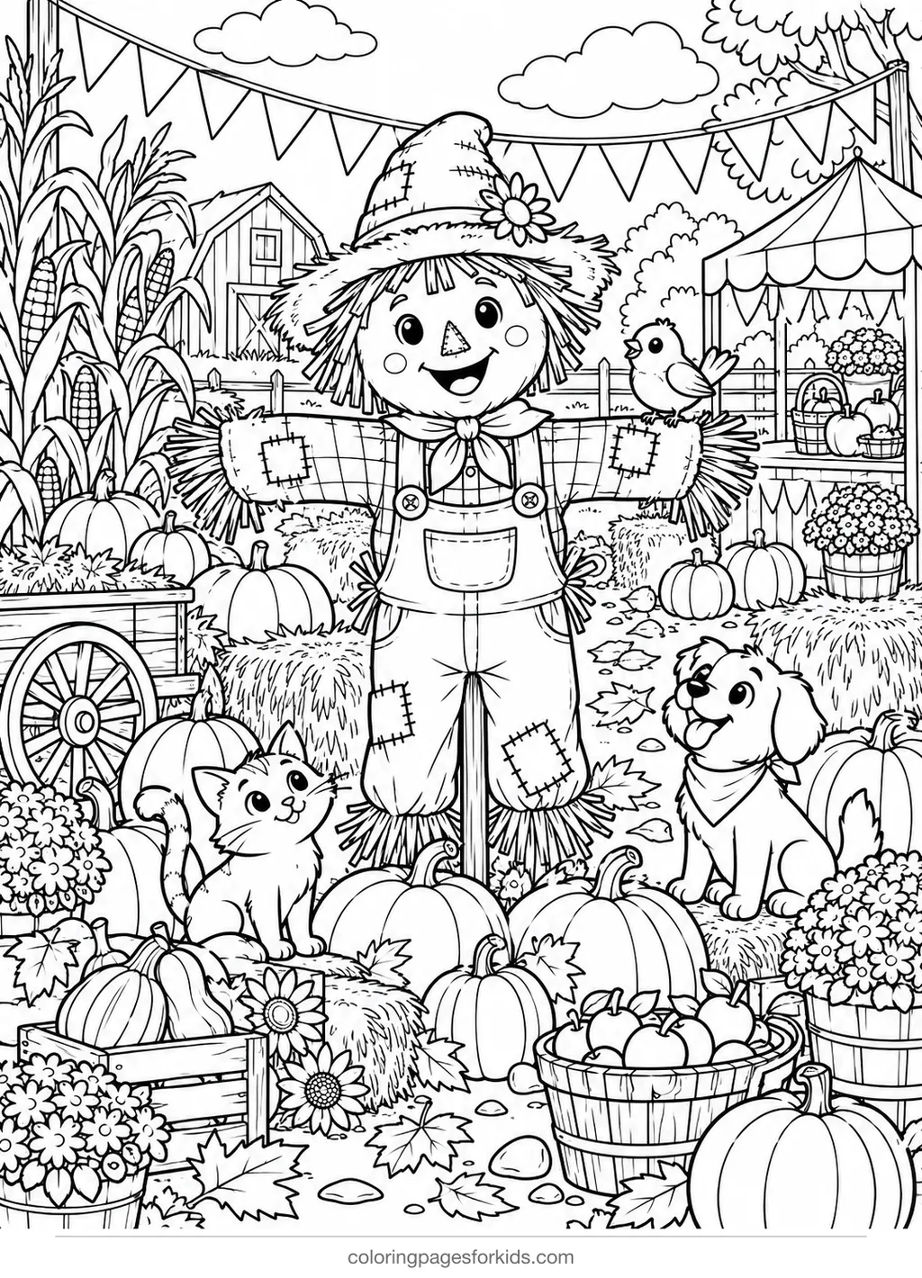 Scarecrow coloring page of a harvest festival, detailed printable for ages 7-10
