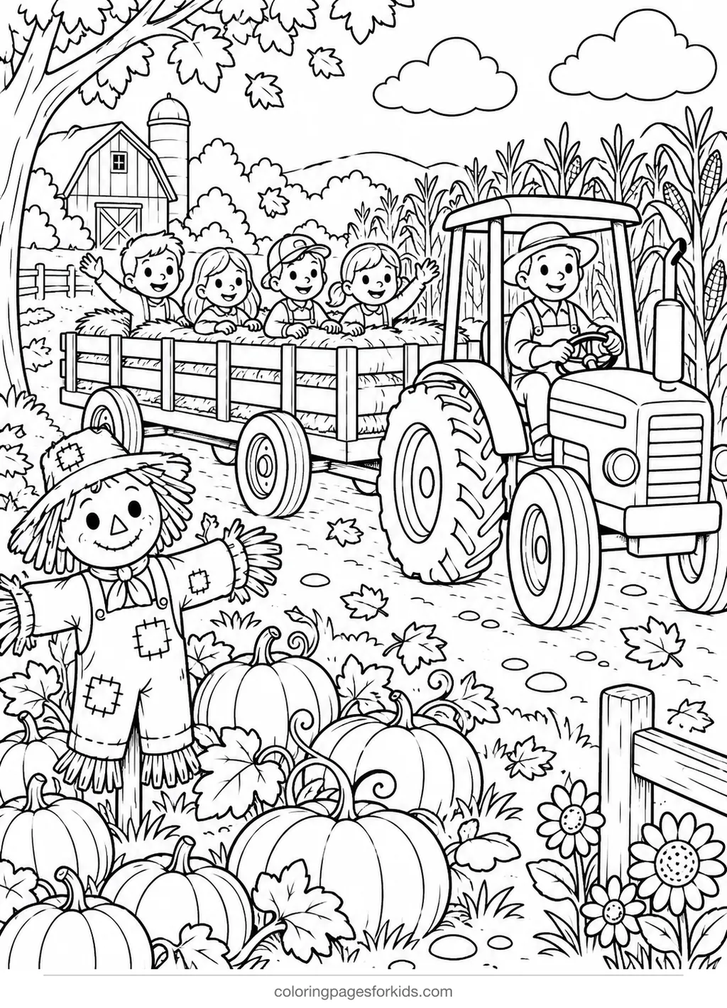 Scarecrow coloring page of a hayride by a pumpkin field, detailed printable for ages 7-10