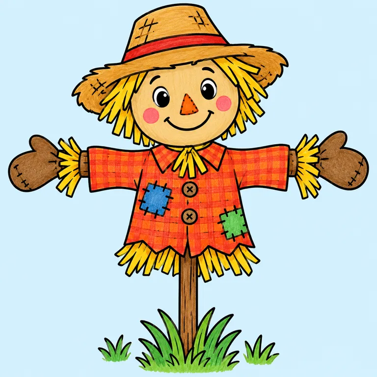 Colored example of a smiling scarecrow with a straw hat and patched shirt