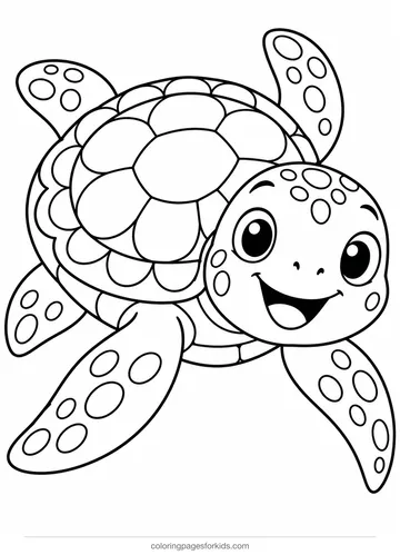 Sea turtle coloring page of a smiling turtle with patterned shell, easy black-and-white printable for ages 3-5