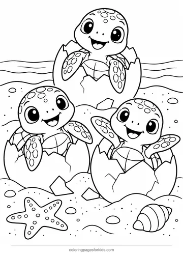 Sea turtle coloring page of hatchlings leaving eggs on sand, easy black-and-white printable for ages 3-5