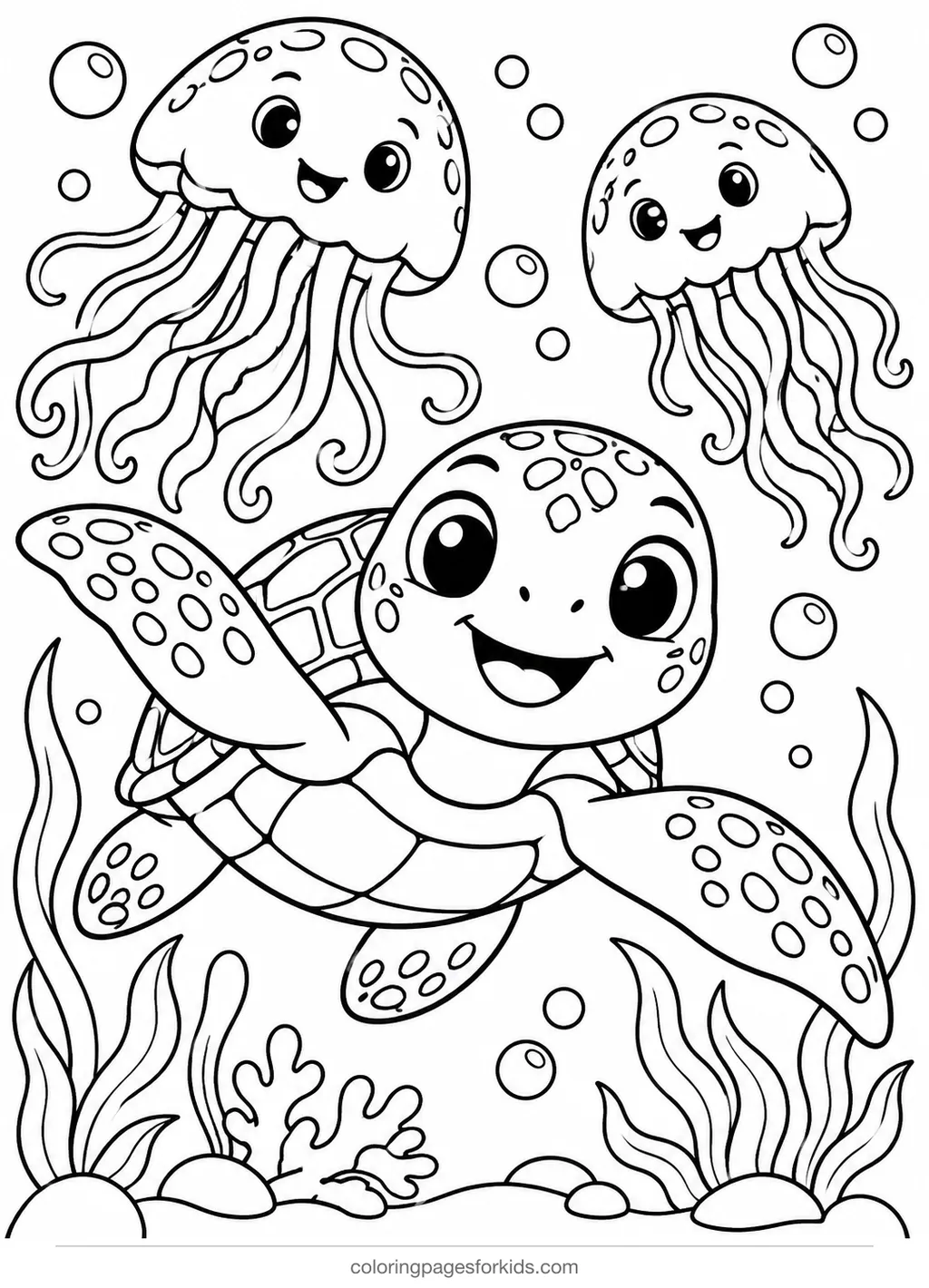 Sea turtle coloring page of a turtle swimming near jellyfish, medium black-and-white printable for ages 5-7