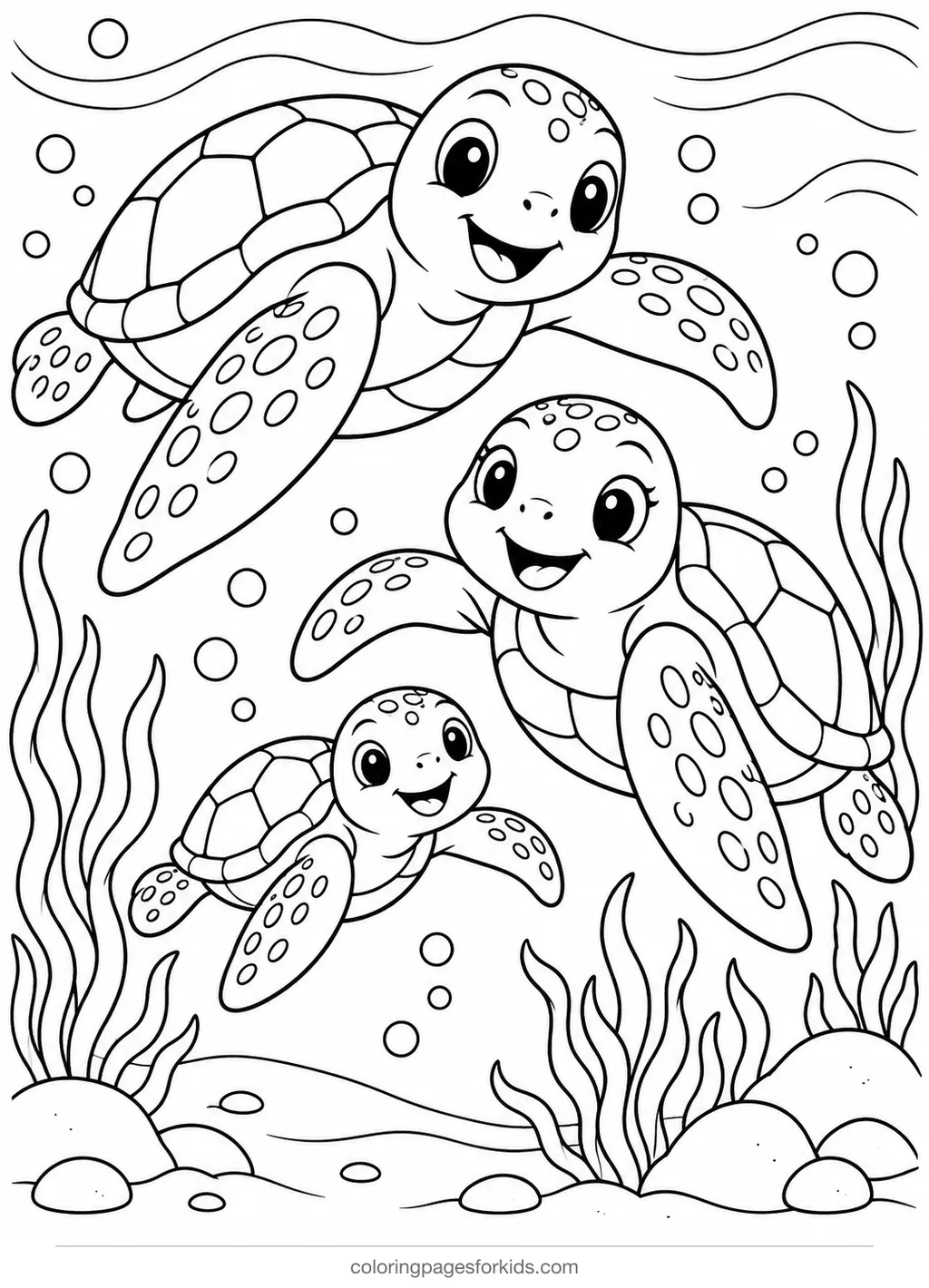 Sea turtle coloring page of two adult turtles and a baby swimming, medium printable for ages 5-7
