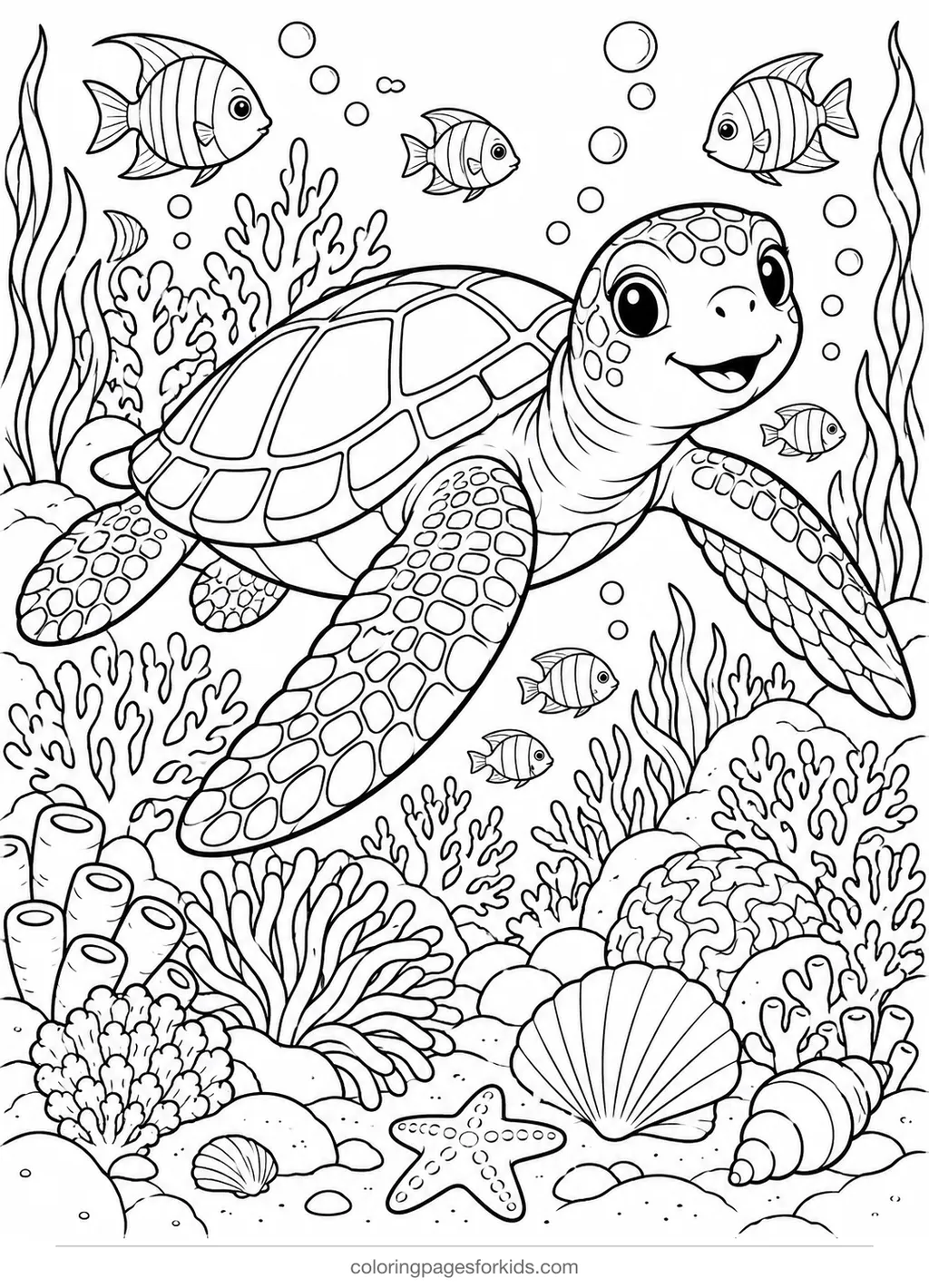 Sea turtle coloring page of a detailed turtle over a coral reef, detailed black-and-white printable for ages 7-10