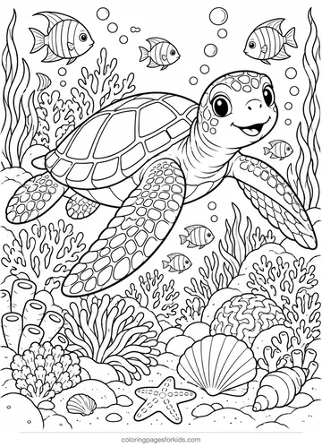 Sea turtle coloring page of a detailed turtle over a coral reef, detailed black-and-white printable for ages 7-10