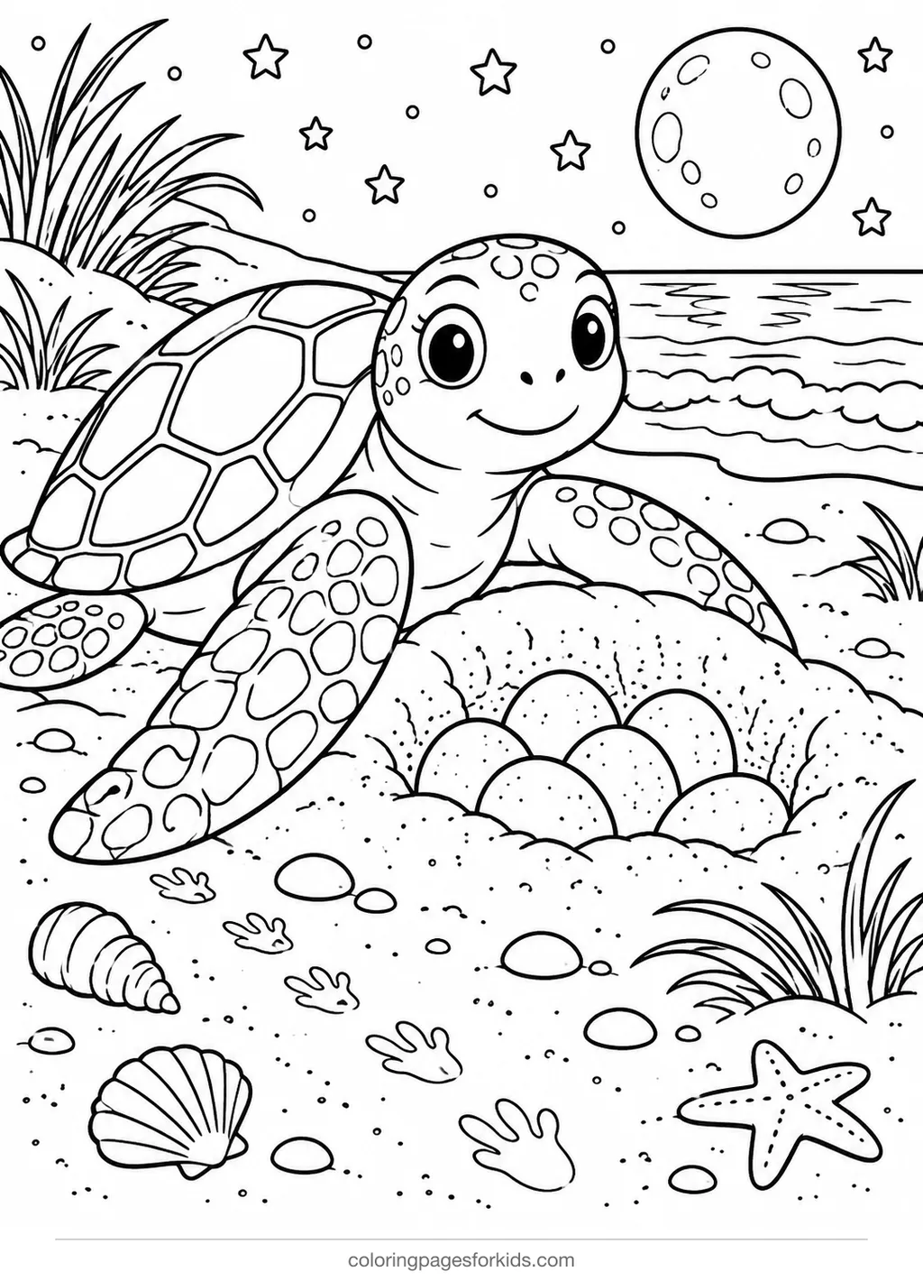 Sea turtle coloring page of a turtle nesting on a moonlit beach, detailed printable for ages 7-10
