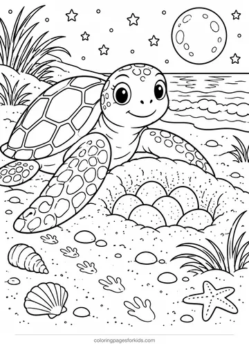Sea turtle coloring page of a turtle nesting on a moonlit beach, detailed printable for ages 7-10
