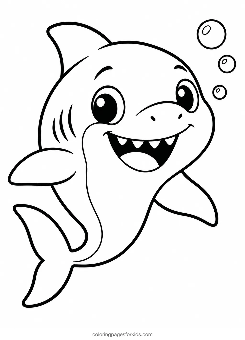 Shark coloring page of a smiling little shark, easy black-and-white printable for ages 3-5