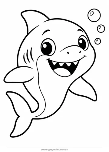 Shark coloring page of a smiling little shark, easy black-and-white printable for ages 3-5