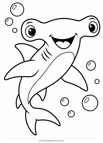 Hammerhead shark coloring page with bubbles, easy black-and-white printable for ages 3-5