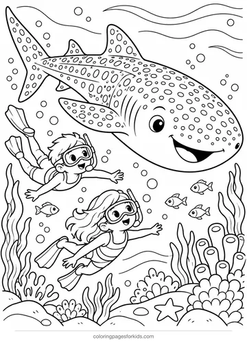 Shark coloring page of a whale shark with snorkelers, medium printable for ages 5-7
