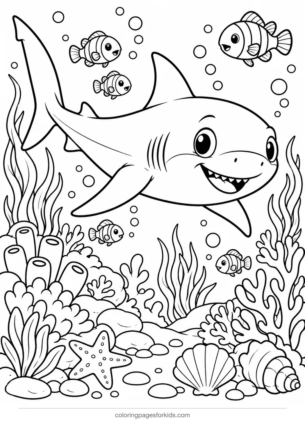 Shark coloring page of a reef shark with coral and fish, medium printable for ages 5-7
