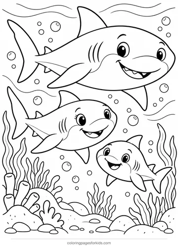Shark coloring page of three friendly sharks swimming together, medium printable for ages 5-7