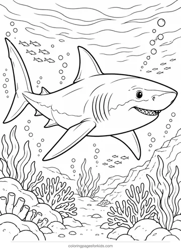 Great white shark coloring page in open water, detailed black-and-white printable for ages 7-10