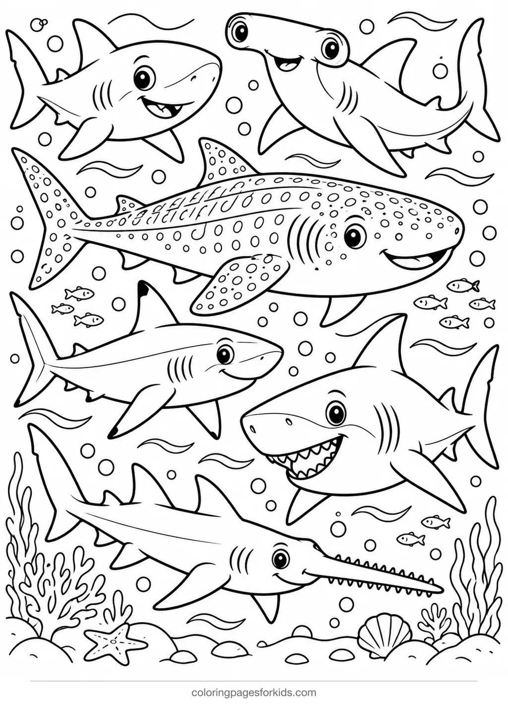 Shark coloring page showing six shark species side by side, detailed printable for ages 7-10