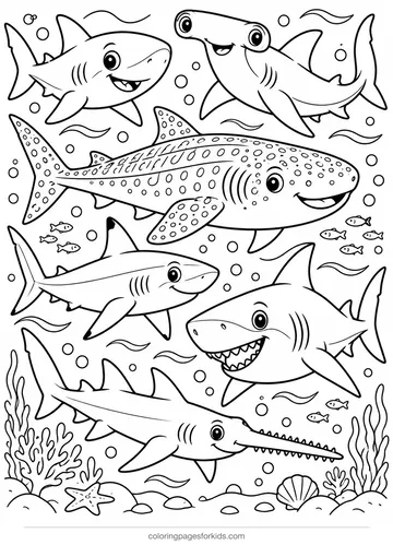 Shark coloring page showing six shark species side by side, detailed printable for ages 7-10
