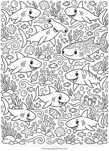Shark coloring page pattern with small sharks, waves and bubbles, detailed printable for ages 7-10
