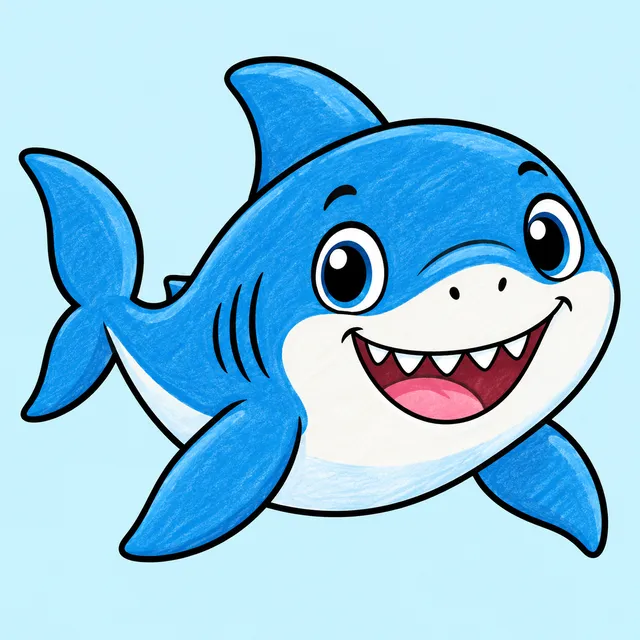 Colored example of a cute little smiling shark for kids