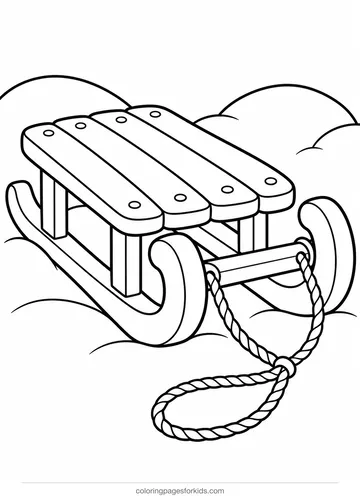 Sled coloring page of a classic wooden sled on snow, easy black-and-white printable for ages 3-5