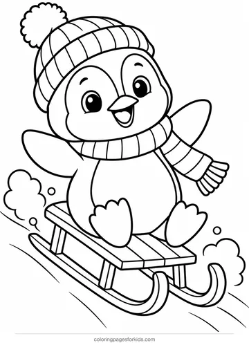 Sled coloring page of a smiling penguin riding a little sled, easy printable for ages 3-5
