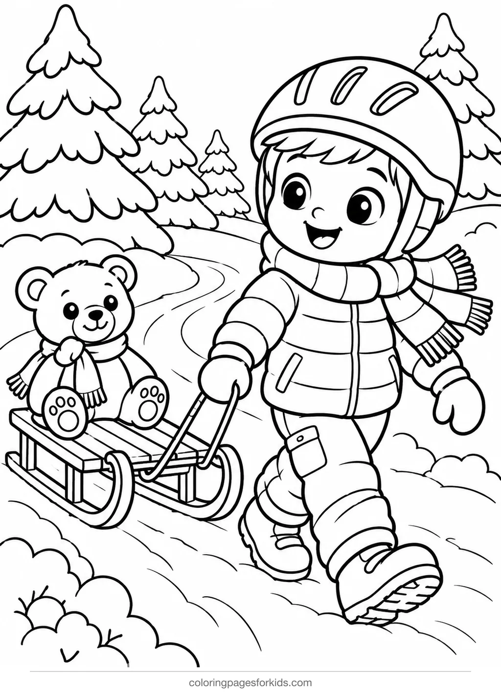 Sled coloring page of a child pulling a teddy bear on a sled, medium printable for ages 5-7